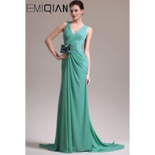New Elegant Green V Neck Crisscross Back Chiffon Evening Dress,Court Train Mermaid Evening Gowns