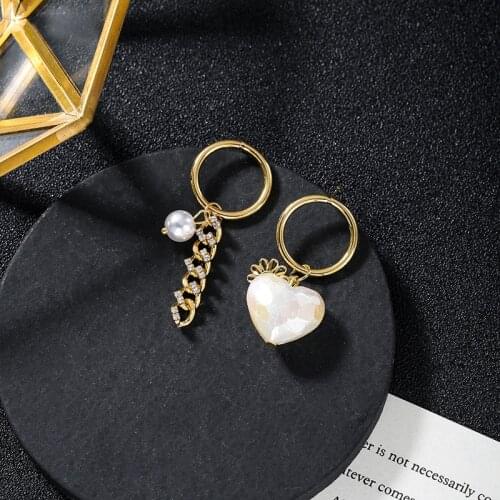 Origin Summer Minimalist Love Heart Simulated Pearl Rhinestone Dangle Earings for Women Link Chain Gold Color Earrings Jewelry