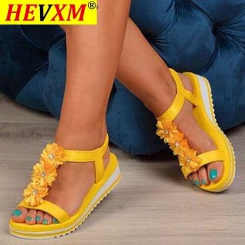 Women Sandals Flower T-tied Slip on Casual Ladies Shoes Summer Elastic Band Ankle Strap Platform Female Flat Comfort 2021 Summer