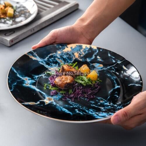 Nordic style steak plate marble pattern home dining plate ceramic tableware western food plate round dessert plate bone china