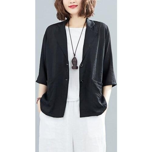 Thin Cotto Linen Women Tailored Coat 2021 Summer Vintage Loose Pocket Half Sleeved Office Lady Elegant Blazers Outwear Coat Tops