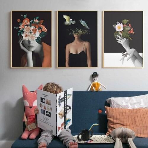 Flowers Birds Woman Head Abstract Canvas Painting Wall Art Print Poster Picture Decorative Painting Living Room Home Decoration