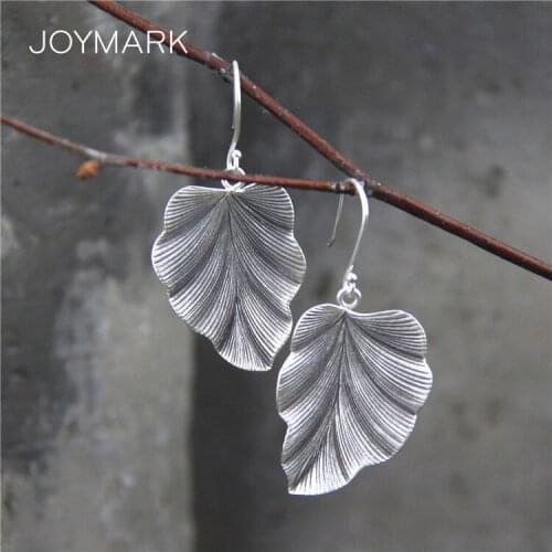 Handmade Thai Silver Earrings Hook Earrings Vintage S925 Sterling Silver Leaf Drop Earrings Ethnic Style Silver Jewelry TSE485
