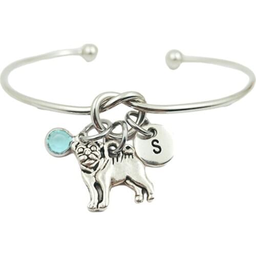 Pug Dog Animal Retro Creative Initial Letter Monogram Birthstone Adjustable Bracelet Fashion Jewelry Women Gift Pendant