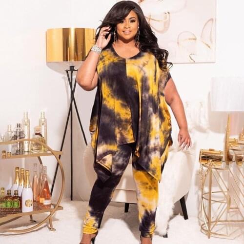 3XL 4XL Plus Size Womens Clothing Two Piece Sets Autumn New Loose Tie Dye Print Lounge Set Split V-Neck Tops Pants Matching Set