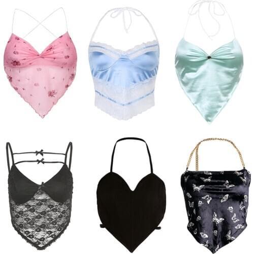 Y2K Aesthetic Cute Crop Top 2021 Sleeveless V Neck Backless Bandage Camisole E Girl Sexy Halter Tops 2000s Clothes Dropshipping