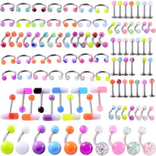1Set Mixed Color Jewelry Surgical Steel Horseshoe Rings Capsule Tongue Navel Labret Studs Acrylic Balls Women Body Piercing