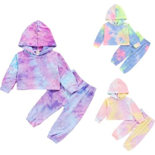 1-6Years Baby Autumn Clothing Toddler Baby Girl Long Sleeve Tie-Dye Printed Hooded Top Pants 2Pcs Fashion Clothes Set