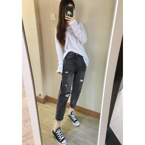 2021 gray jeans womens spring loose beggar hole high waist thin wide leg Harlan daddy straight-leg pants