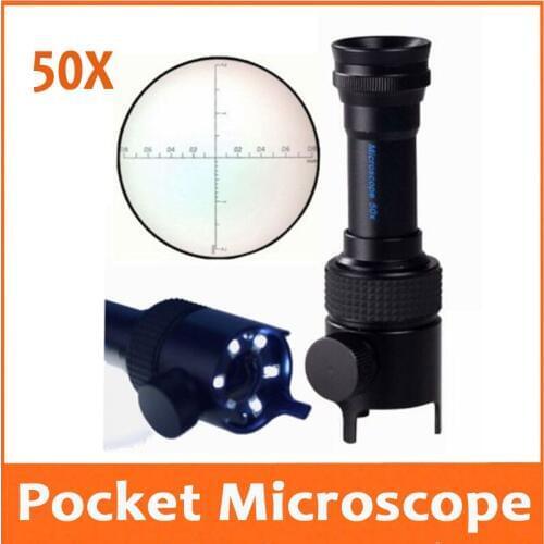 50 Times LED Illuminated Emerald Jade Identification Magnifier Pocket Microscope Loupe with 6 Lamps and Measuring Scale 0.05mm