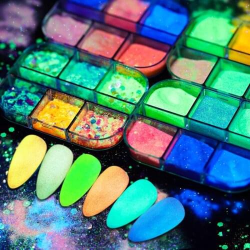 6 Grids/Box Luminous Nail Powder Glow In Dark Neon Pigment Fluorescent Nail Glitter Dust Design Decoration For Manicure