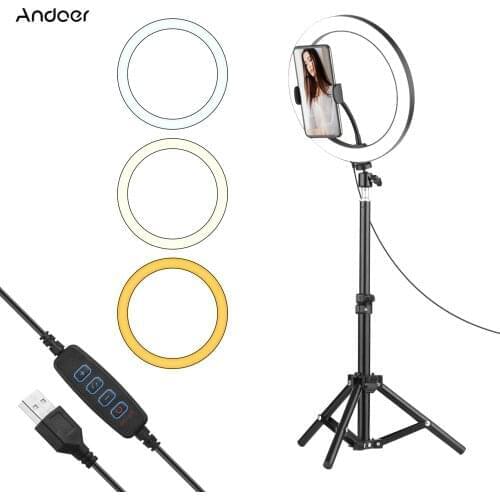 Andoer 10 Inch LED Ring Light 3 Lighting Modes 50cm Light Stand + Ballhead Adapter + Flexible Phone Holder for Live Streaming