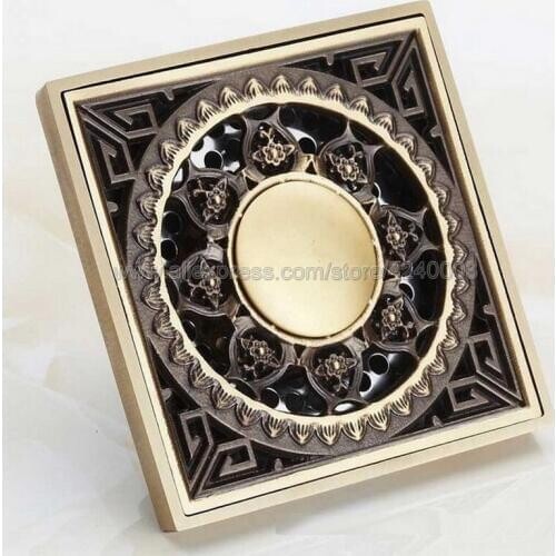 Antique Brass Square Shower Drain Brass Floor Drain Trap Waste Grate With Hair Strainer Bathroom Shower Accessories Khr019