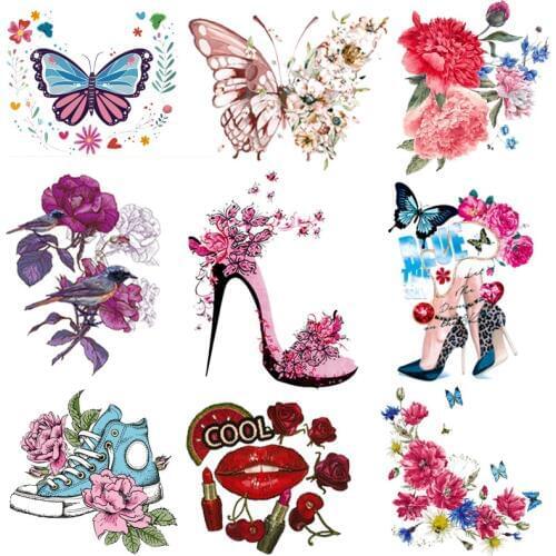 Butterfly flower Printed badge Iron On transfers For Clothes Patch Transfer vinyl thermo Ironing Stickers on clothes accessory