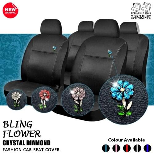 Bling Flower Crystal Diamond Pink Cute Soft Leather Automobile Universal Car Seat Cover for Women and Girls