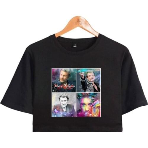 Hot Y2K Johnny Hallyday Summer Short T-shirt Women-Clothing Leaky belly button Streetwear T-shirt Kawaii Girl Earphone Tees