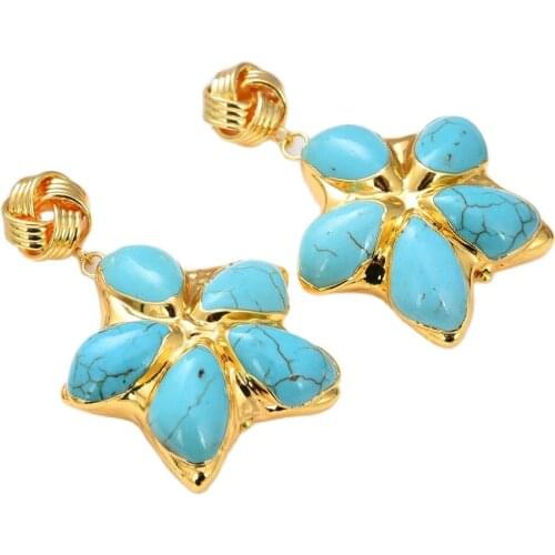 GG Jewelry Blue Turquoises Flower Gold Color Plated Dangle Stud Earrings For Women Lady Gifts Jewelry