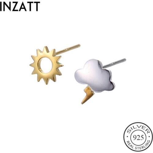 INZATT Real 925 Sterling Silver Asymmetry Sun Lightning Stud Earrings For Fashion Women Punk Fine Jewelry MInimalist Accessories