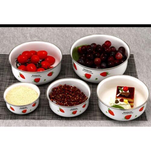 5 pcs Classic Enamel Set Dessert Bowls Soup Salad Food bowl with Seal Plastic Cover