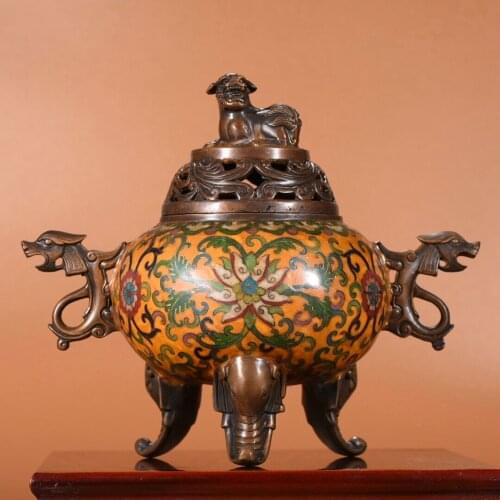 9"Chinese temple collection Old Bronze Cloisonne Enamel Lion statue Dragon Ear Three-legged incense burner Ornaments Town House