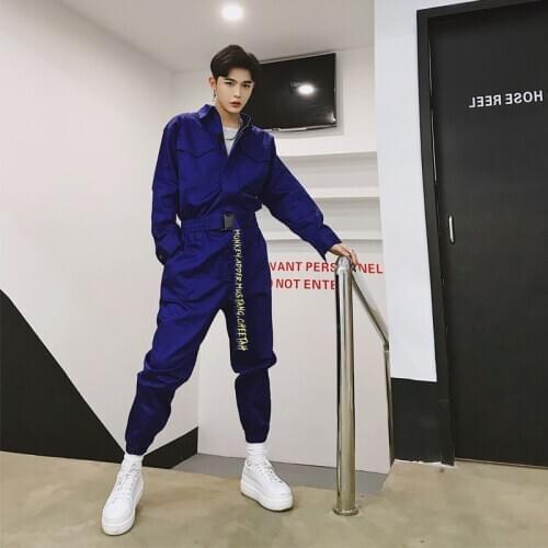 Spring autumn men fashion multi pockets jumpsuit street hip hop punk overalls mens vintage casual trousers korean cargo pants