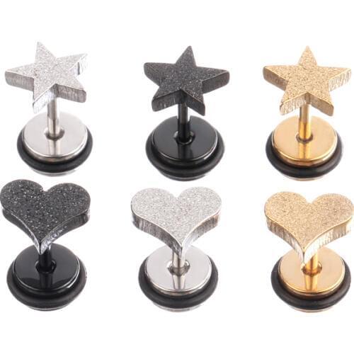 Five Star Heat Earrings Round Screw Back 316L Stainless Steel Black Gold Frosted Punk Body Piercing Jewelry 16G bar
