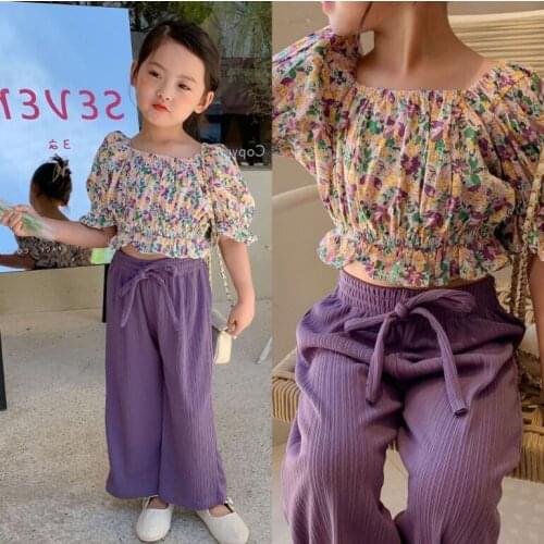 Retail 2021 New Baby Girls Summer Fashion Sets, Printed Top + Purple Pants 3-7T