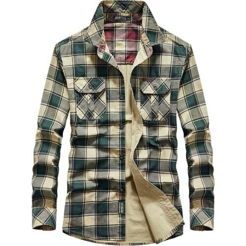 Mcikkny Autumn Mens Cargo Plaid Shirt Breathable Cotton Shirts Coat For Male Size M-4XL