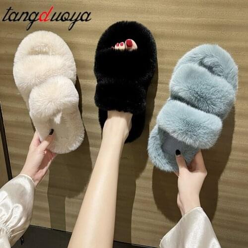 Furry Fur Slippers Platform Faux Fur Slides Fluffy Flip Flops Plush House Slippers Cozy Flat Sandals Womens Fashion Shoes 2021