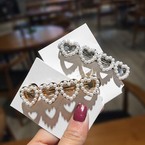 Cute Love Heart Pearl Metal Hair Clip Gold Silver Hollow Hairpin Barrettes Hairgrip Hair Accessories for Women Girls