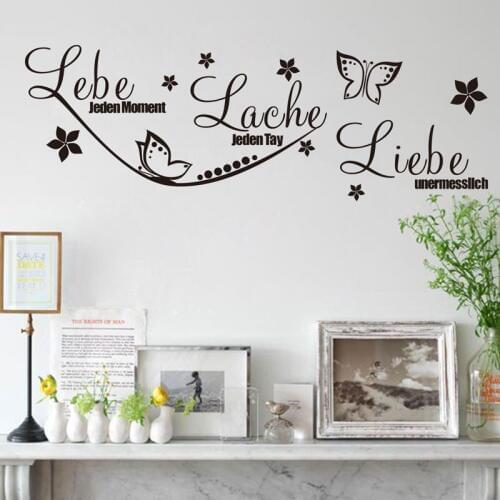 German Live Laugh Love Quotes Wall Stickers Home Decor For Living Room Bedroom Butterfly Flower Decoration Wall Decal Mural H572