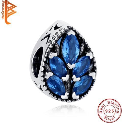 Wholesale Water Drop Shpaed Leaf Blue Crystal 925 Sterling Silver Bead pandora Charms Silver 925 Original Charm Luxury Jewelry