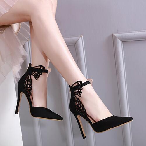 Butterfly Bow 2021 New Fashion Pointed Toe Women Sandals 12CM Super High Heels Stiletto Heels Ankle Strap Pumps Suede Elegant