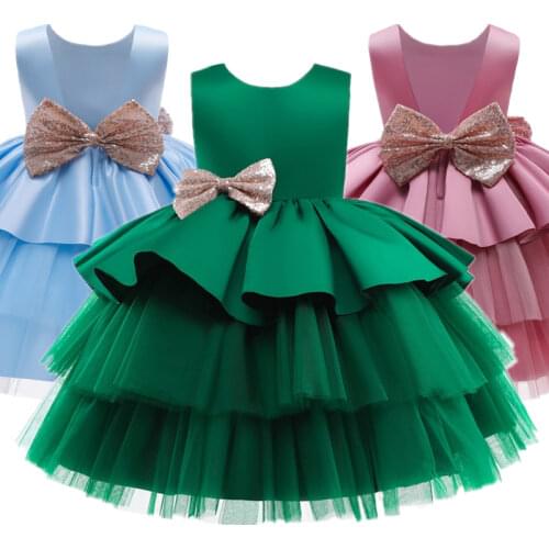 Sequines Big Bow Baby Girl Dress Wedding Ceremony Flower Girl Clothes 0-5T Infant Girls Birthday Party 3 Layers Princess Dresses