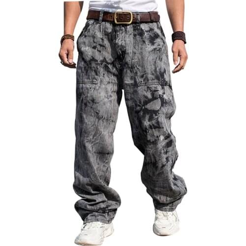 Loose Jeans Of Men Denim Pants Tie Dye Gray Printing Straight Casual Streetwear Hip Hop Skateboard Fashion Wide Leg Trousers