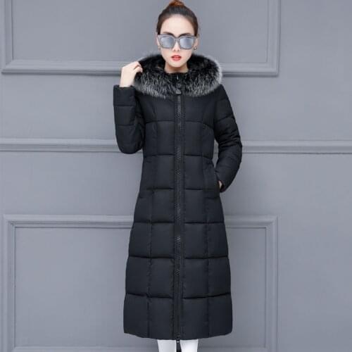 Plus Size Slim Women X-Long Parkas with Fur Long Sleeve Hooded Ladies Casual Winter Down Coat Pockets Warm Outwear for Female