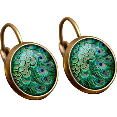Vintage Women Peacock Bird Feather Earrings Round Glass Time Gem French Hook Cabochon Dangle Leverback Earrings Jewelry