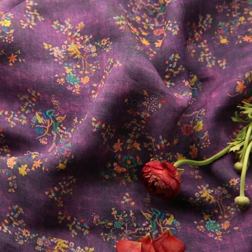 High quality pure ramie fabric New Dark Purple Printing patchwork High-end dresses and gowns tissus