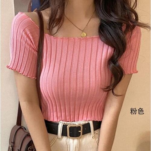 2021 Women Summer Harvest Ladies T-shirts Off The Shoulder Tricot Crop Tops Short Sleeve Stretchy Ruffles Hem Womens T-shirts