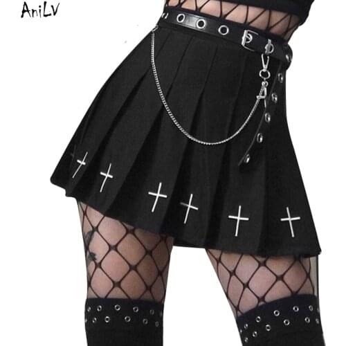 AniLV Middle Ages Gothic Pleated Skirt Costume Cross Street Punk Student Black Skirt Medieval SCA LARP Cosplay