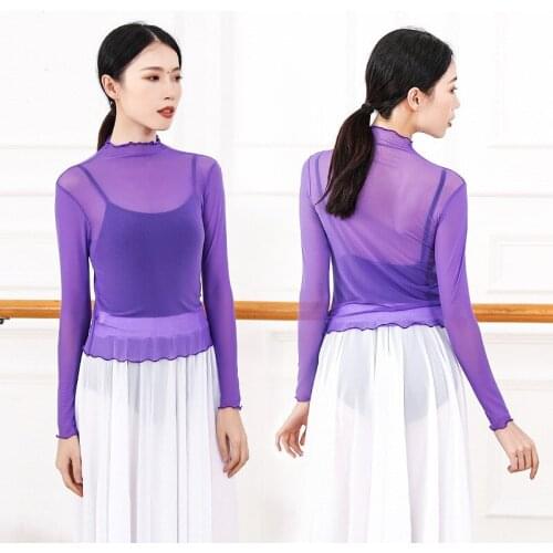 Women Long Sleeve Classical Dance Top Flower Neck Art Test Basic Training Shirt Mesh Gauze Clothing Transparent Lightweight 2XL