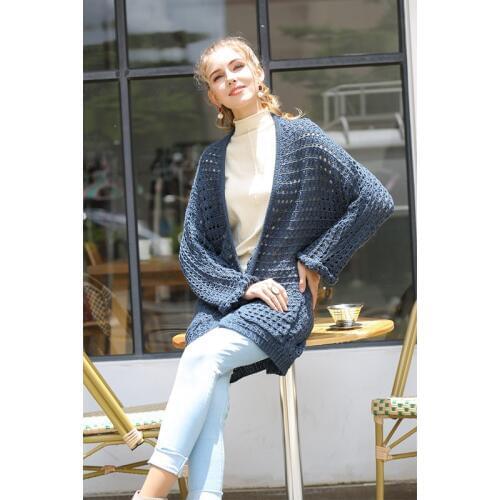 CINESSD Women Knitted Sweater Cardigan Coat 2019 Blue Long Sleeve Hollow Casual Loose Long Autumn Winter Coat Jacket with Pocket