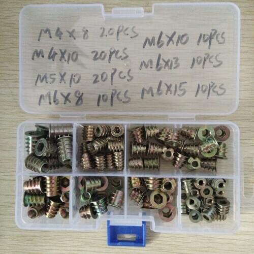 100Pcs/set M4//M5/M6*8/10/13/15Zinc Alloy Thread For Wood Insert Nut Flanged Hex Drive Head Furniture Nuts Assortment Kit