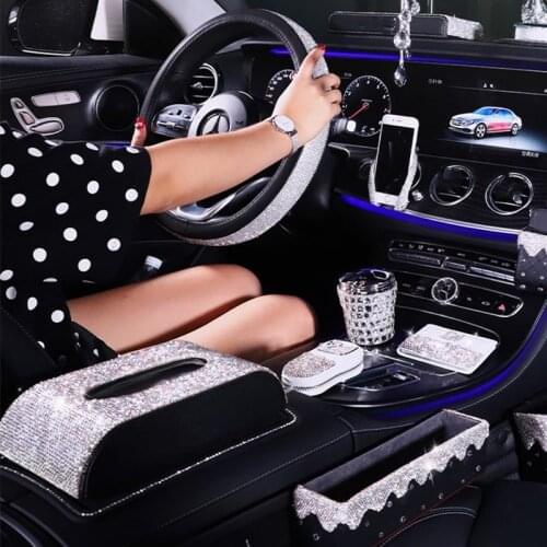 2021 fashion blingbling white rhinestones car ashtray tissue box trash can car steering wheel cover car interior Ornaments