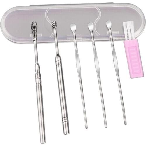 6Pcs Stainless Steel Ear Wax Removal Tools Hygiene Care Spiral Spring Curette Earpick Cleaning Spoons with Brush Storage Case