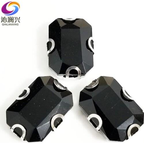Black Rectangle octagonal shape High quality Glass Crystal sew on Anti hook D shape claw rhinestones,Diy Clothing accessories