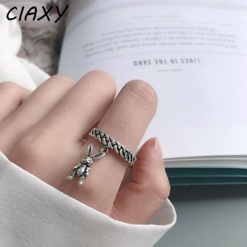 CIAXY 925 Sterling Silver Rabbit Tassel Rings for Women Girl Cute Animal Adjustable Ring Retro Thai Silver Jewelry Party Gift