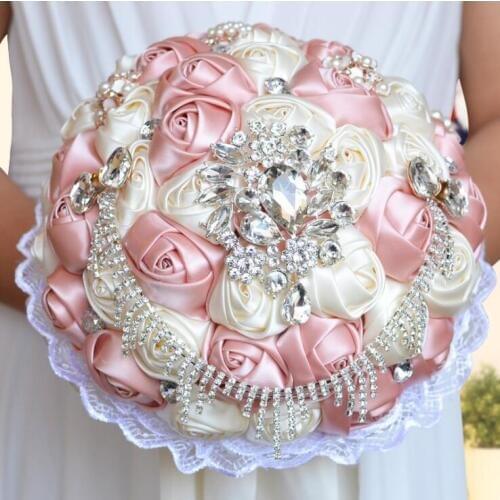 DIA 23CM 2018 European Trendy Crystal Rhinestone Handmade Wedding Bouquet Aritifical Ribbon Flower Bride Hold Flower Bouquet