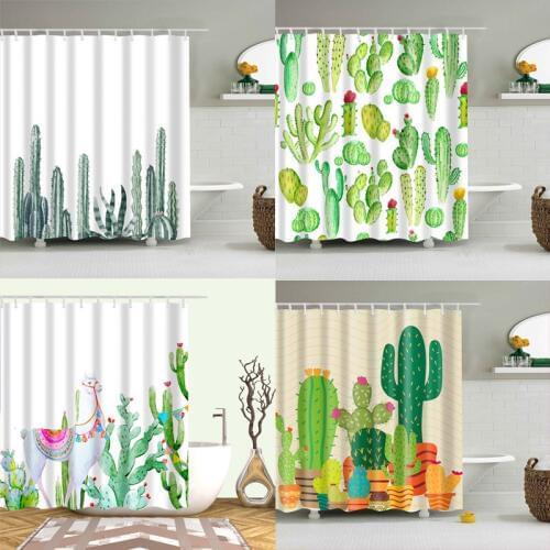 Cactus Green Floral Watercolor Succulent Shower Curtain with 12 Hooks Tropical Cacti Flowers Blossom Plant for Bathroom