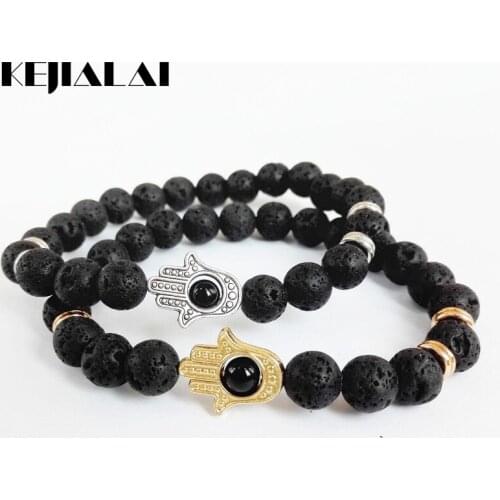 KEJIALAI Hot Sale Jewelry Black Lava Energy Stone Beads Gold Color Hamsa Bracelets New Products Yoga Mala Mens and Womens GIft